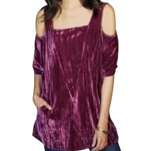 Soft Surroundings Maroon Crushed Velvet Top Tunic Blouse Cold Shoulder PS